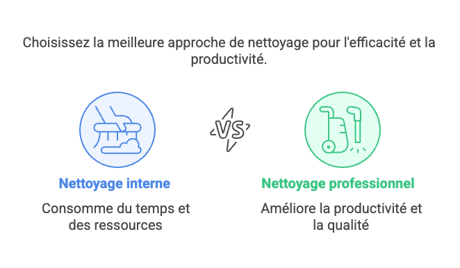 comparaison-nettoyage-interne-externe Schéma présentant une comparaison entre l'internalisation et l'externalisation des tâches de nettoyage en entreprise.